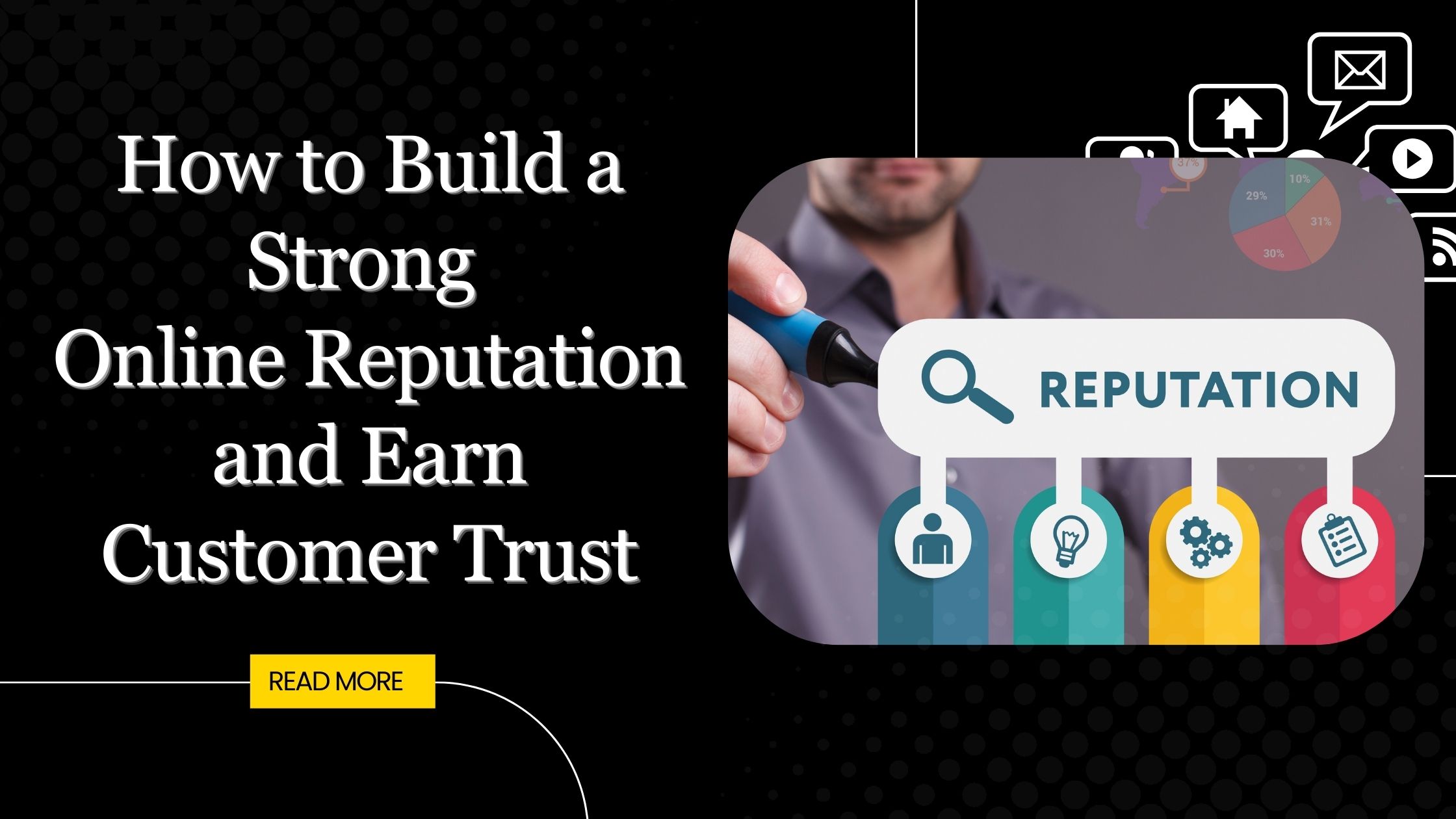 Man highlights digital reputation concept to emphasize building online trust Man highlights digital reputation concept to emphasize building online trust.
