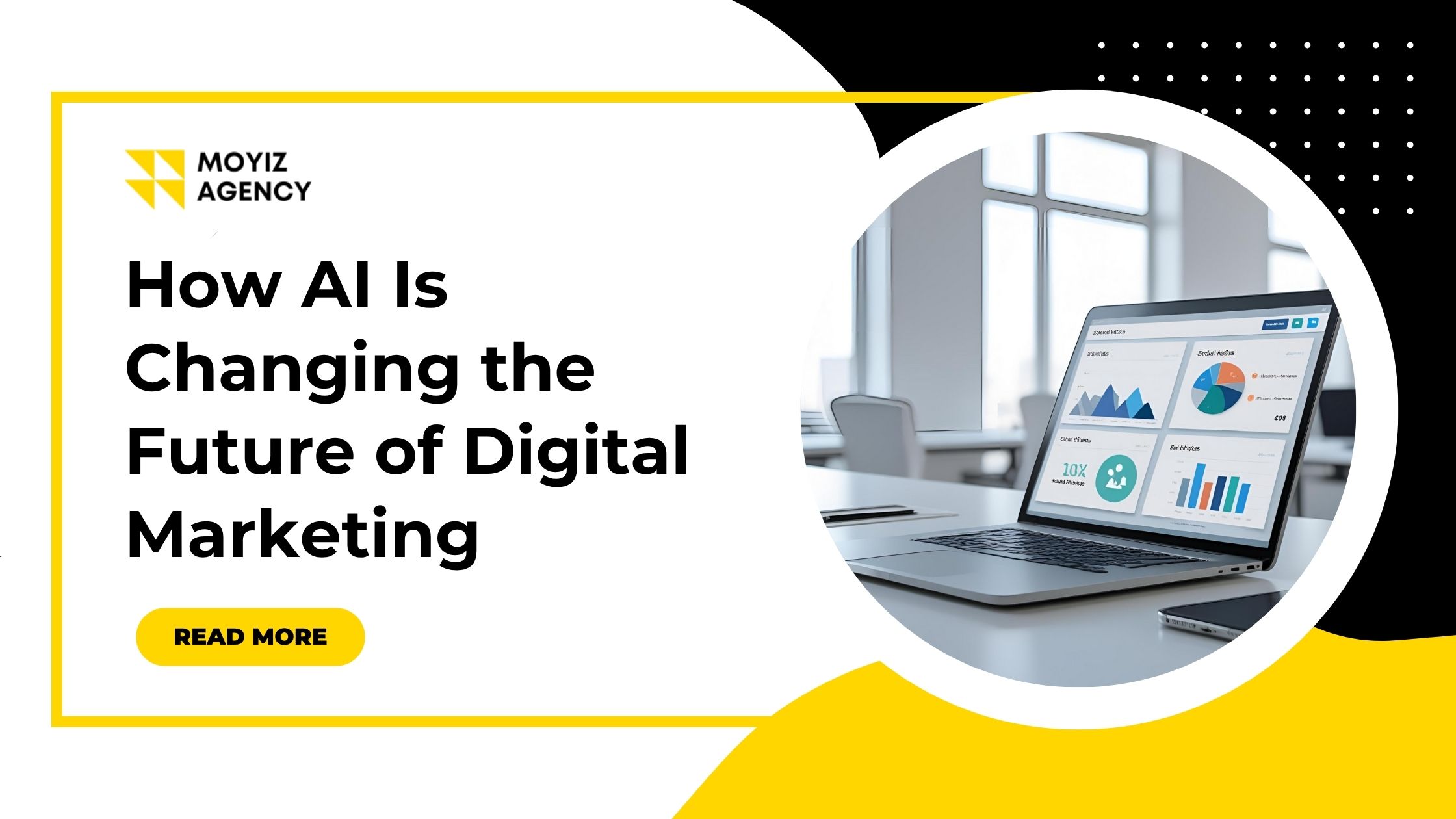 AI Blog Banner AI-based digital marketing statistics with the business logo, blog title, and read more option.